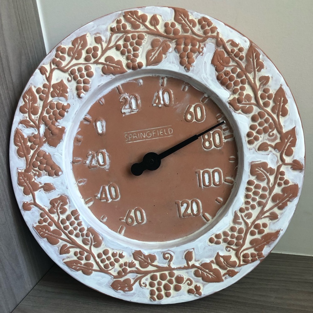 Ceramic Grape Motif Wall Thermometer - White & Terracotta